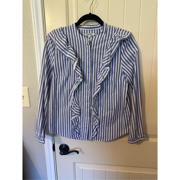 NWT Madewell Striped Ruffle Button Down Long Sleeve Blouse - Size M - G7898 - Picture 1 of 8